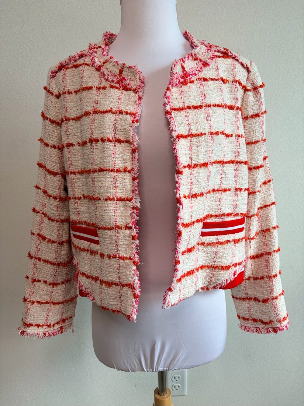 Pinko Cream and Coral Tweed Fringe Jacket - Picture 2 of 10